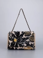 Detailed embroidery and sequins on black shoulder bag with woven texture and gold chain - Black