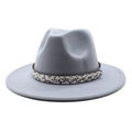 Detail of light gray wool fedora featuring a stylish snakeskin band and gold metal stud - Light Gray
