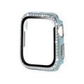 Vue détaillée du boîtier Apple Watch avec paillettes bleu clair et double rangée de cristaux - Vert Officiel