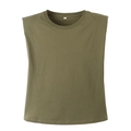 Dettaglio della maglietta senza maniche verde militare con spalline imbottite rifinite - Verde militare