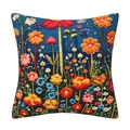 Floral decorative pillow cover with 3D embroidery effect on dark blue fabric - Dark Blue Base Embroidered Style Floral / 18x18 Inch