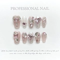 Pink millennium press-on nails with luxury heart rhinestones and silver butterfly charms - Extra Small (XS) / Luxury Full Rhinestone Short Coffin Style