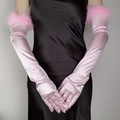 Rosa Satin-Opernhandschuhe mit elegantem Federbesatz über dem Ellbogen für Hochzeiten - 53cm / Rosa