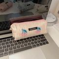 Pink jacquard tulip texture makeup bag with cherry embroidery and zipper closure - Embossed Pink Cherry