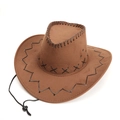 Brown western cowboy hat with black stitching details and adjustable windproof cord - M(56-58cm) / Camel