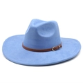 Macro detail of light blue suede fedora featuring a brown leather band and silver metal buckle - M(56-59CM) / Sky Blue