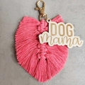 Handmade rose pink woven leaf keychain with gold clasp and engraved DOG mama wood tag - Rose Pink (4)