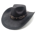 Close-up of brown leather band with bull emblem and rivets on a black western cowboy hat - M (56-58cm) / Striped Black