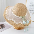 French style wide brim straw hat with tulip pendants and lace pearl trim for sun protection - Blue