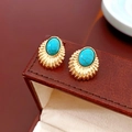 Detail of vintage gold fan-shaped earrings with turquoise stone in a leather jewelry box - 17# Silver Pin Peacock Tail Oval Faux Stone Studs