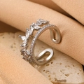 Silver bow layered open ring featuring marquise zircon leaves and micro-pave crystals - Silver Double Layer Marquise Ring (A-85)