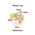 Detailed view of adjustable gold butterfly ring with pearl and dimension specifications - Butterfly Artificial Pearl Style (R5323-Gold)