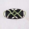 Beaded magic hair comb featuring green faceted crystals and silver oval beads in black - Silver + Yellow