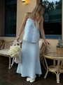Detail of light blue linen two-piece set featuring camisole top and A-line midi skirt - S / Blue
