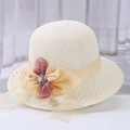 Elegant cream straw sun hat with champagne ribbon and floral pearl details - Pearl Style Milky White