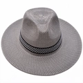 Cappello Fedora in paglia grigia con nastro decorativo bianco e nero a tesa larga - Grigio