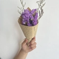 Close-up of a mini dried flower bouquet in vintage kraft paper with purple statice - Vintage Mini Light Purple Forget-me-not