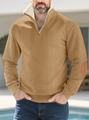 Detail of half-zip sweater with sherpa collar lining and elbow patches for men - S / Tops / Khaki
