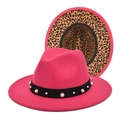 Fuchsia wool fedora hat with elegant pearl band and leopard print lining contrast - M (56-58cm) / Rose Red
