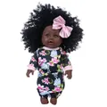 12-inch African reborn doll with black afro hair, pink bow, and floral tie-dye bodysuit - 30cm Black Doll / Lily Flower Romper Tie-Dye