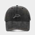 Distressed dark gray washed cotton baseball cap with white dolphin embroidery on front - Adjustable / Black