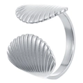 Polished silver starfish shell adjustable open ring with detailed radial stripe pattern - Stainless Steel Color Double Shell Style
