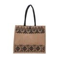 Ethno-Jute-Tragetasche mit schwarzen geometrischen Mustern und Schultergurten auf Weiß - Muster 7 Oben & Unten Muster