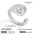 Bague ouverte ajustable en acier inoxydable avec un grand zircon rond poli et clair - Bague Ouverte en Strass Rond Sertie Clos (JDR0106002-S)