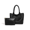 Classic black woven leather tote bag set with a matching zippered clutch purse - Black