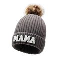 Dark grey MAMA knit beanie with brown faux fur pom pom and white letter patch - Pom Pom MAMA Style / Dark Gray
