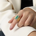 Retro gold plated titanium steel ring with emerald green stone and honeycomb texture - US 6 / Turquoise Gold Color