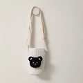 Quilted white canvas bottle bag with bear embroidery and adjustable beige shoulder strap - White/Black Bear