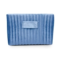 Elegant blue velvet makeup bag with vertical quilted stripes and a rectangular label - Trapezoid Light Blue (with Strip)