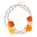 Double-layer necklace with amber resin pieces, flat white pearls, and golden alloy beads - Yellow