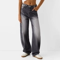 Detail of high waist wide leg jeans featuring retro washed texture and cat whisker patterns - S / Black