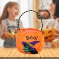 Orange plush Halloween pumpkin candy bag with Boo embroidery and green striped handle - Round Yellow Witch