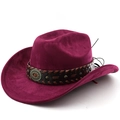 Detail of fuchsia suede cowboy hat with studded leather band and vintage buckle - Burgundy