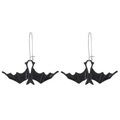 Detailed view of Gothic bat earrings in black finish with silver hooks on white base - Matte Black Bat (7370)