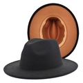 Classic black and orange two-tone wool felt fedora hat with wide brim in unisex style - M (56-58cm) / Black+Khaki