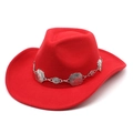 Detail of red wool felt cowboy hat with silver sunflower metallic decorative band - Red