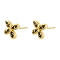Macro detail of golden butterfly earrings with black gemstone inlay on white background - Gold Black Zirconia
