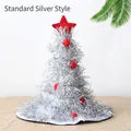 Silver tinsel Christmas tree party hat decorated with red balls and a red star topper - Double Layer Silver Without Light