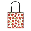 Foldable canvas tote bag with realistic strawberry prints and black woven handles - Realistic Red Strawberry Print