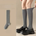 Elastic gray knee-high ribbed socks paired with black loafers for a stylish aesthetic - One Size / Striped Calf Socks - Grey