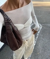 Street style shot of a white square neck mesh top paired with a woven leather tote bag - S / White