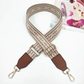 Adjustable 3.8cm wide jacquard strap with beige geometric pattern and gold hardware - Pink/White + Brown Leather