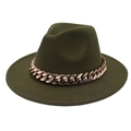 Detail of olive green wool fedora hat featuring a chunky rose gold acrylic chain - Army Green