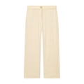 Detail of high-waist cream wide-leg trousers featuring a single gold metallic button - S / Beige Pants