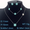 Parure bijoux fleur en argent avec émail vert et diamants sur un mannequin noir - Parure de Bijoux 3 Pièces Collier Bracelet Boucles d'oreilles Acier (KS201272-KLX)