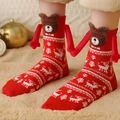 Christmas socks in red with magnetic hands, bear 3D details and reindeer pattern - Red 3D Bear Head